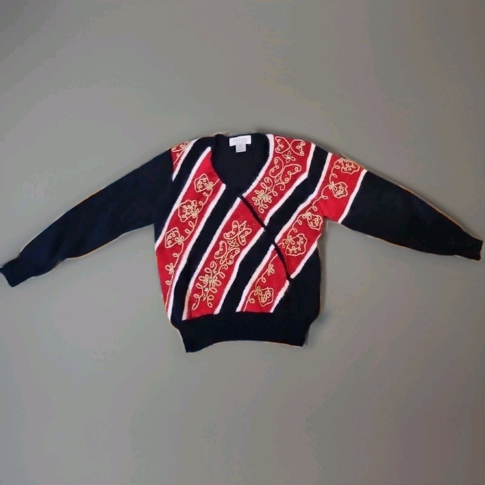 Petite Sophisticate Vintage Sweater Sz M‎ Blended Fabric  Red White Blue & Gold